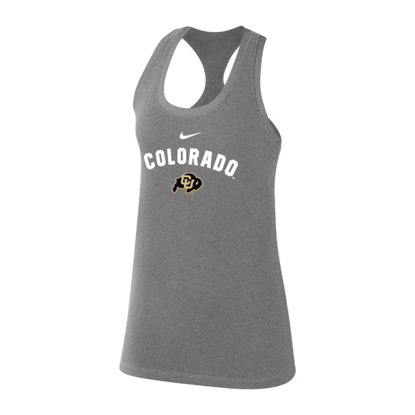 A basic gray full-length tank with a C-U Buffalo logo on the center front, and arched Colorado lettering and a Nike logo above it, both in white.